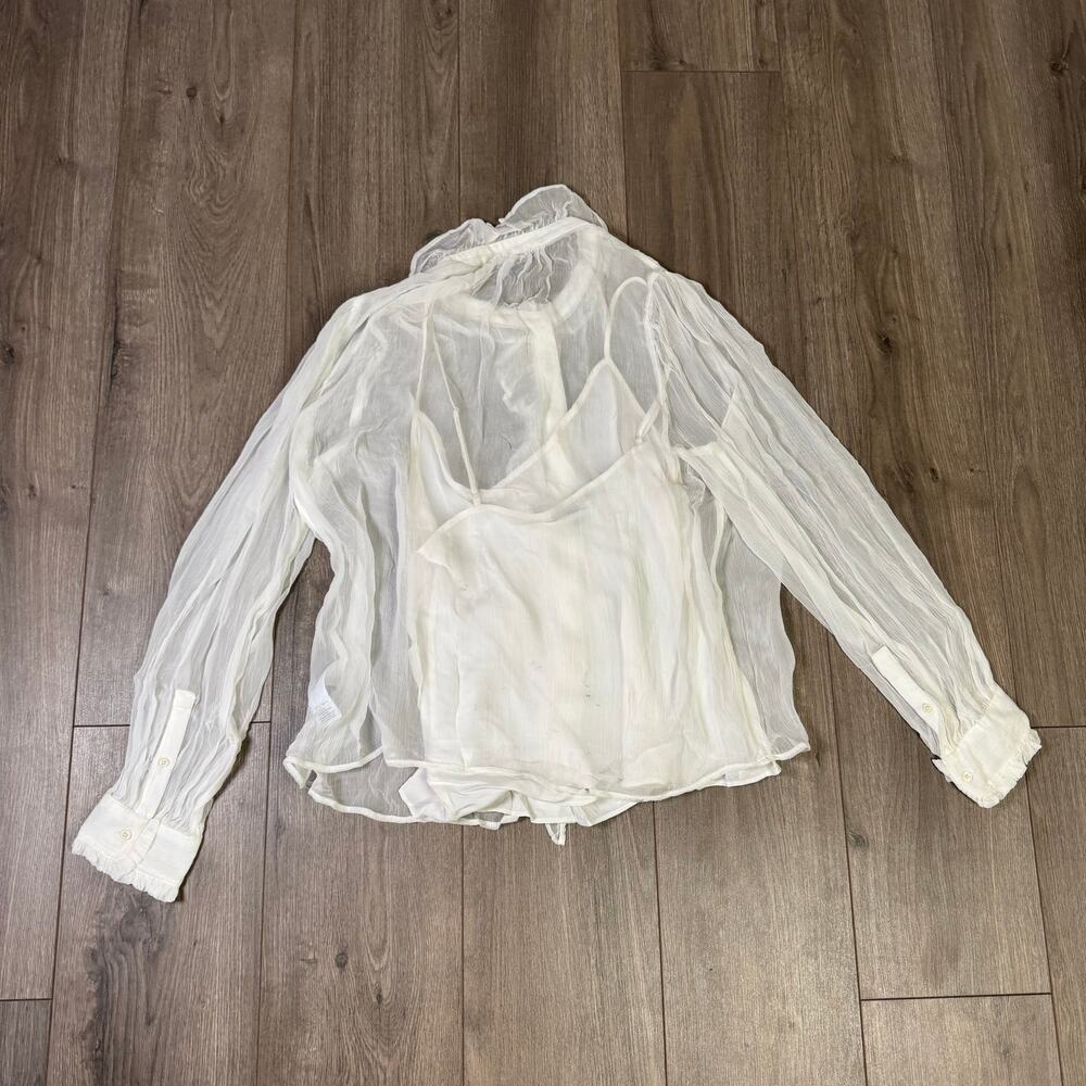 J.Crew Ruffle Button-Up Shirt WMNS Sz 12 White Crinkle Chiffon Sheer Long Sleeve - Picture 3 of 8